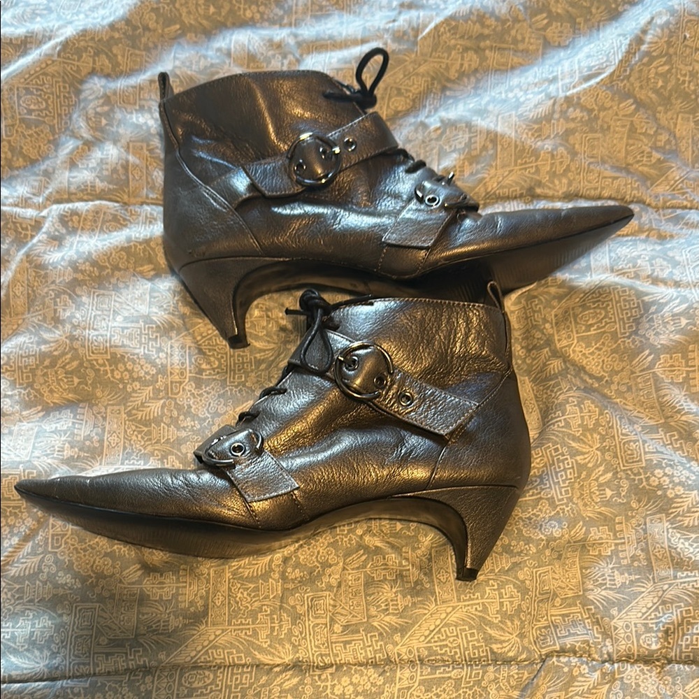 Black Ankle Boots with Decorative Straps and Pointed Toe